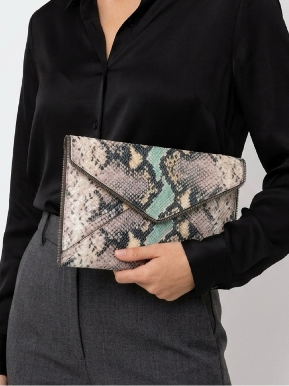 Rebecca Minkoff Leo Multicolor Snakeskin Envelope Clutch Pink Mint